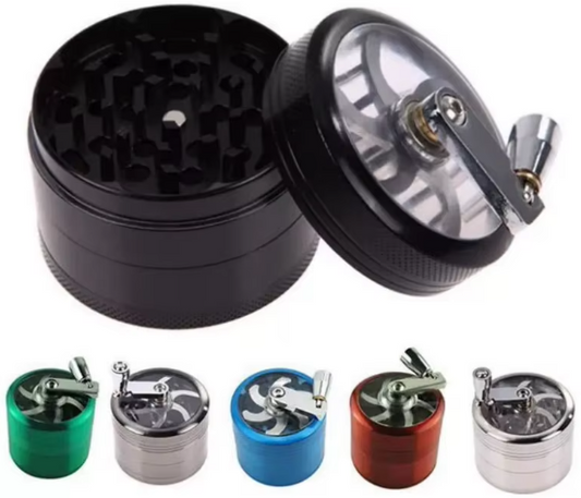 4 Peice Metal Tobacco Herb Grinder W/ Crank Handle - 5 Colors To Choose From